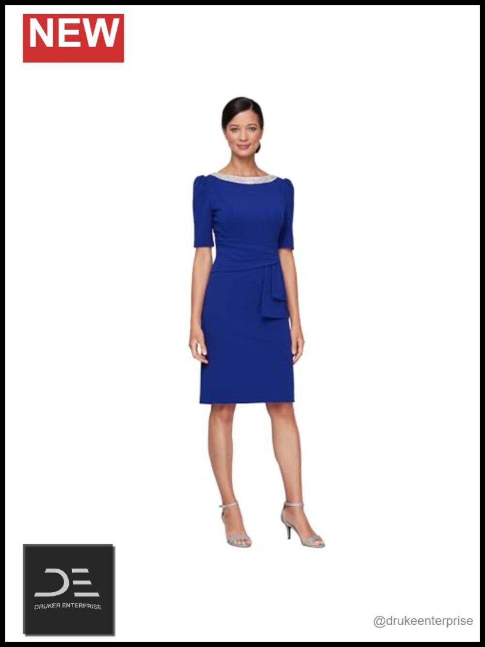 Stretch Crepe Sheath Cocktail Dress Rhinestone Embellished Puff Sleeve